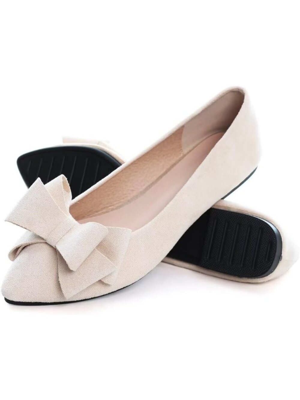 Women's Apricot Suede Fashion Bowknot Flats Comfort Pointed Toe Dressy Shoes - Picture 3 of 6